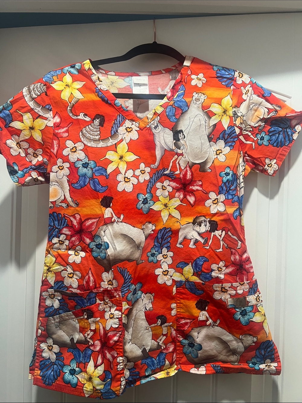 Disney Red Floral Jungle Book Women's V-Neck Scrub Top